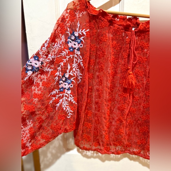 Free People Embroidered Orange Lace Blouse Sheer Boho Floral Hippie Festival - Picture 7 of 15